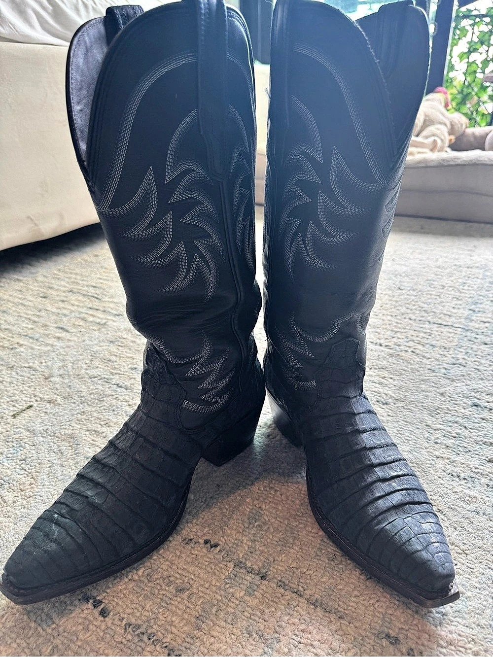 Tecovas The Annie Navy Caiman Embroidered Heeled Western Boots